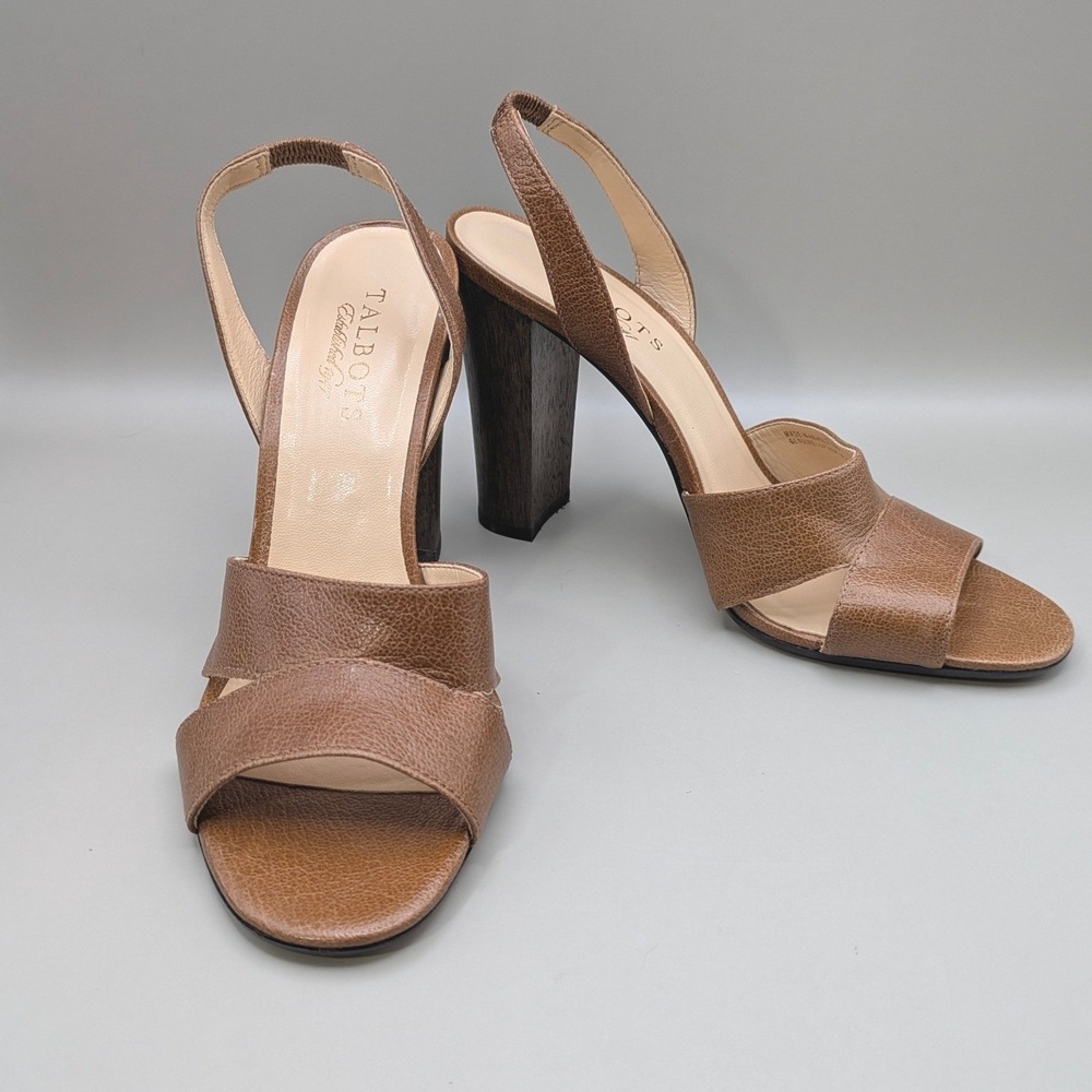 Talbots Brown Leather Sling Back Sandals Block 4" Heel Strappy Open Toe Sz 7 1/2